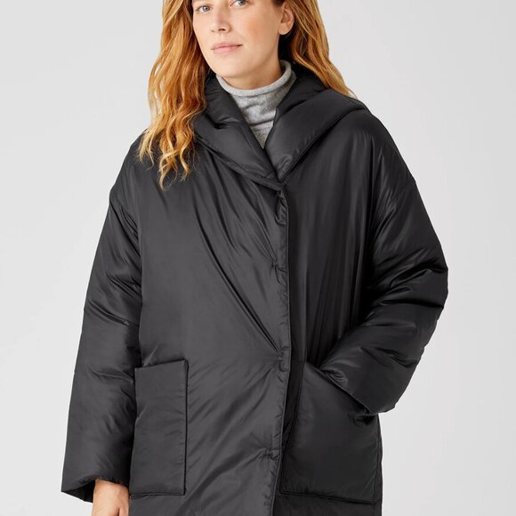 Eileen Fisher PL LP Petite Large Eggshell Recycled Nylon boxy puffer coat black - Picture 15 of 15